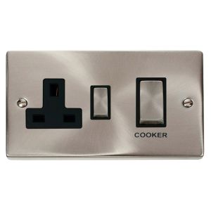 45A DP cooker switch &amp; 13A socket satin chrome black inserts