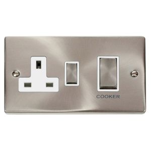 45A DP cooker switch &amp; 13A socket satin chrome white inserts