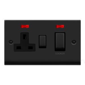 45A Ingot 2 Gang DP Switch With 13A sw socket &amp; neons black