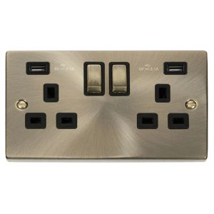 13A Ingot 2G Switched Socket 2xUSB - Black - Antique Brass