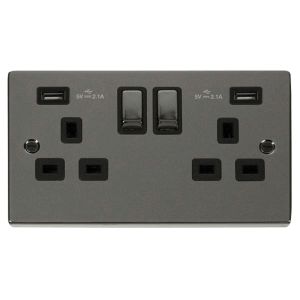 13A Ingot 2G Switched Socket 2xUSB - Black - Black Nickel
